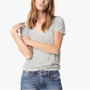 Joe’s Gillies White/Black Striped Heavily Distressed Silk Blend T-Shirt Size M